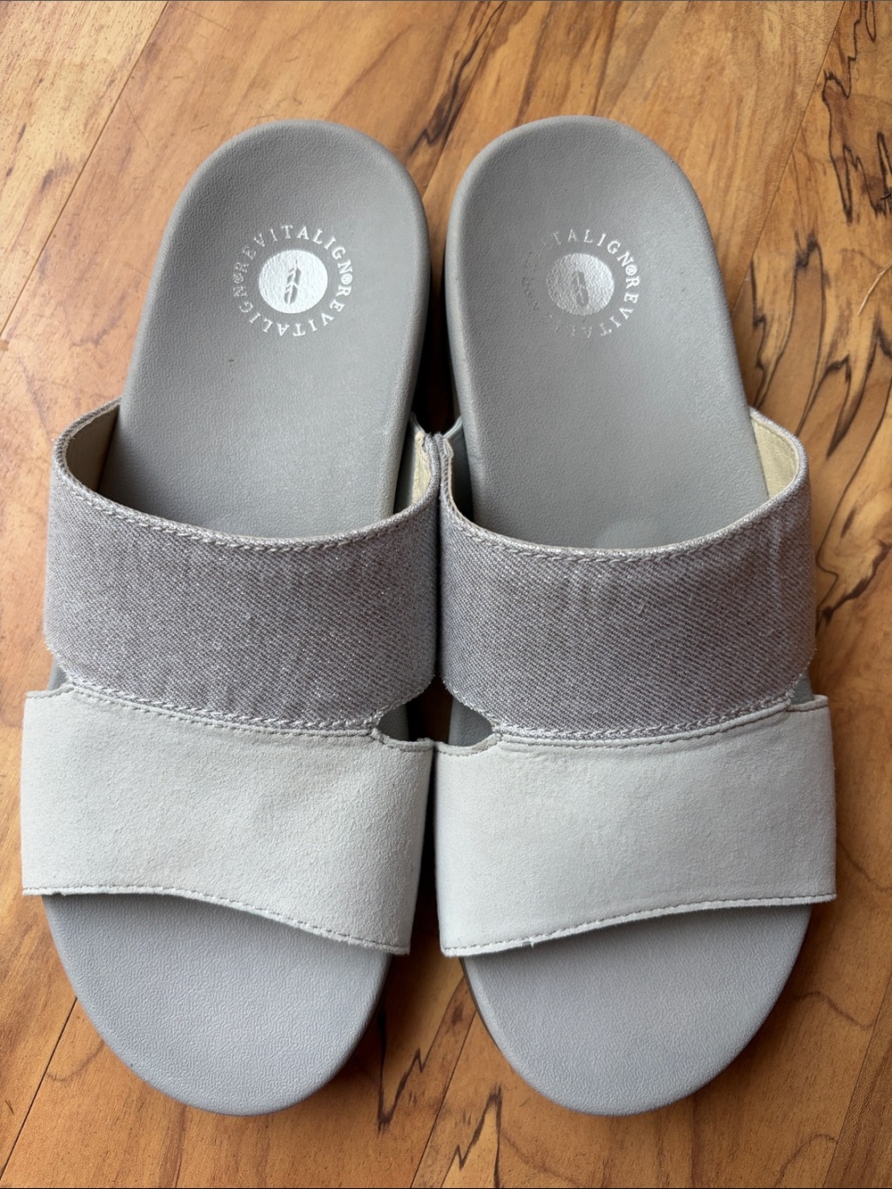 Revitalign DAWN SHIMMER SLIDE Size 8 GREY Orthotic Linen & Leather Sandals EUC